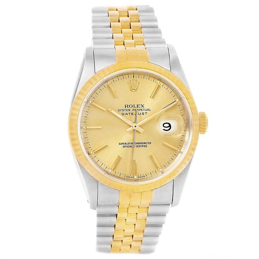 The image shows a front angle of a Rolex Datejust 16233 Steel and Gold (two tone) Champagne Dial 16233 Steel and Gold (two tone) Champagne Dial watch, displaying its dial, bezel, crown, and bracelet.