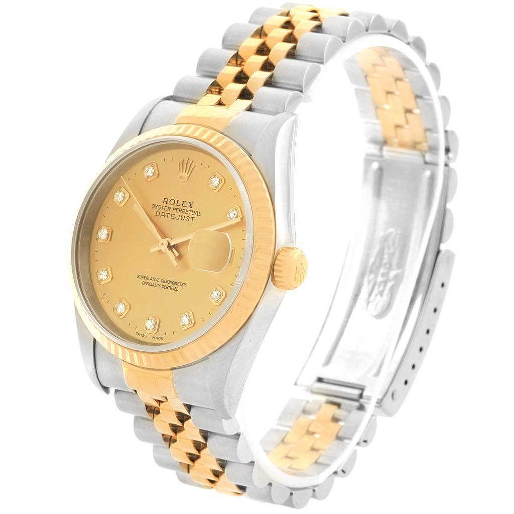 The Rolex Datejust 16233 Steel and Gold (two tone) Champagne Dial 16233 Steel and Gold (two tone) Champagne Dial watch is shown at an angle highlighting the face, dial, bezel, crown, and two-tone bracelet.