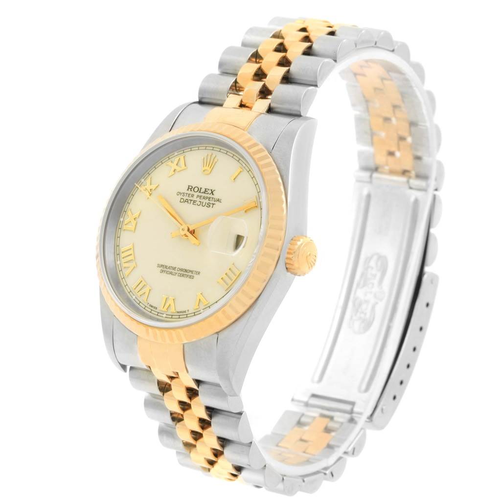 The Rolex Datejust 16233 Men's Steel and Gold (two tone) Beige Dial 16233 Men's Steel and Gold (two tone) Beige Dial watch is shown at a slight angle, displaying the face, bezel, crown, and part of the two-tone bracelet.