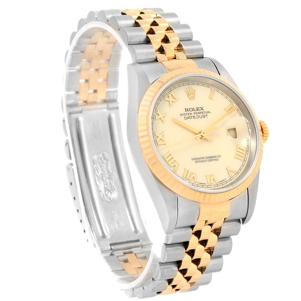 This image shows a side angle of a Rolex Datejust 16233 Men's Steel and Gold (two tone) Beige Dial 16233 Men's Steel and Gold (two tone) Beige Dial watch, highlighting the watch face, bezel, crown, and bracelet.