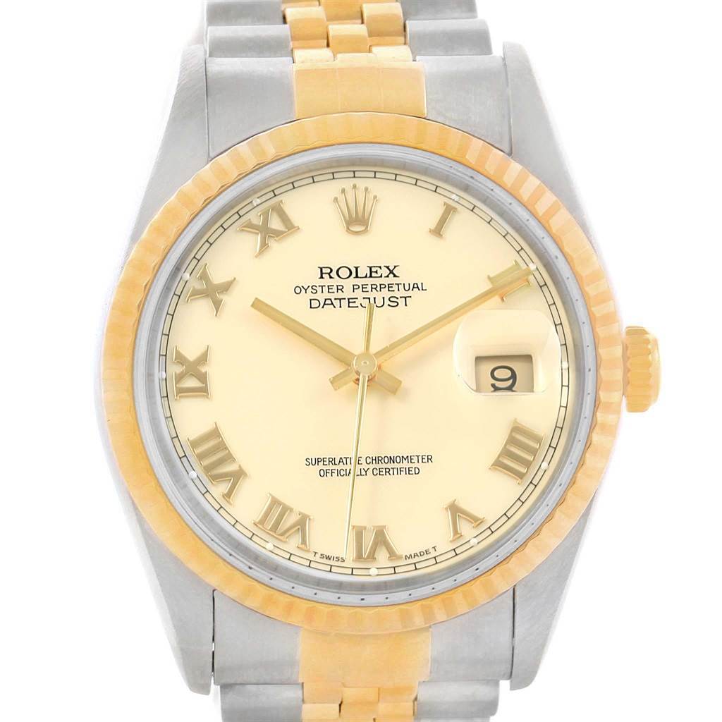 This Rolex Datejust 16233 Men's Steel and Gold (two tone) Beige Dial 16233 Men's Steel and Gold (two tone) Beige Dial watch is shown from a front angle, displaying the dial, bezel, and part of the bracelet.