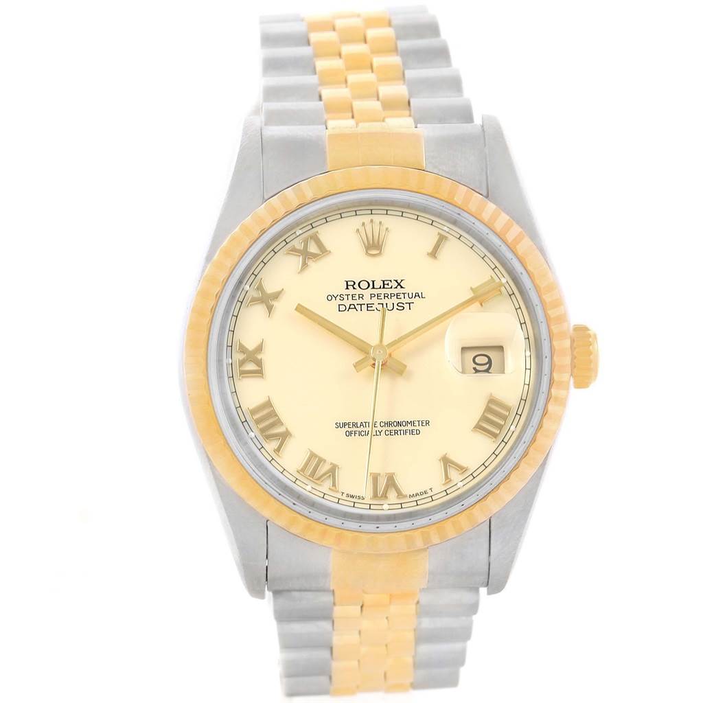 This is a front view of a Rolex Datejust 16233 Men's Steel and Gold (two tone) Beige Dial 16233 Men's Steel and Gold (two tone) Beige Dial watch, showing the dial, bezel, and bracelet.
