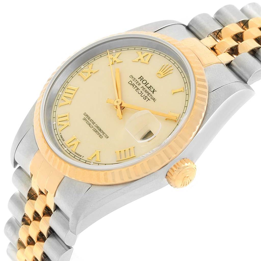 The image shows a Rolex Datejust 16233 Men's Steel and Gold (two tone) Beige Dial 16233 Men's Steel and Gold (two tone) Beige Dial watch from an angled top view, highlighting the face, bezel, crown, and part of the bracelet.