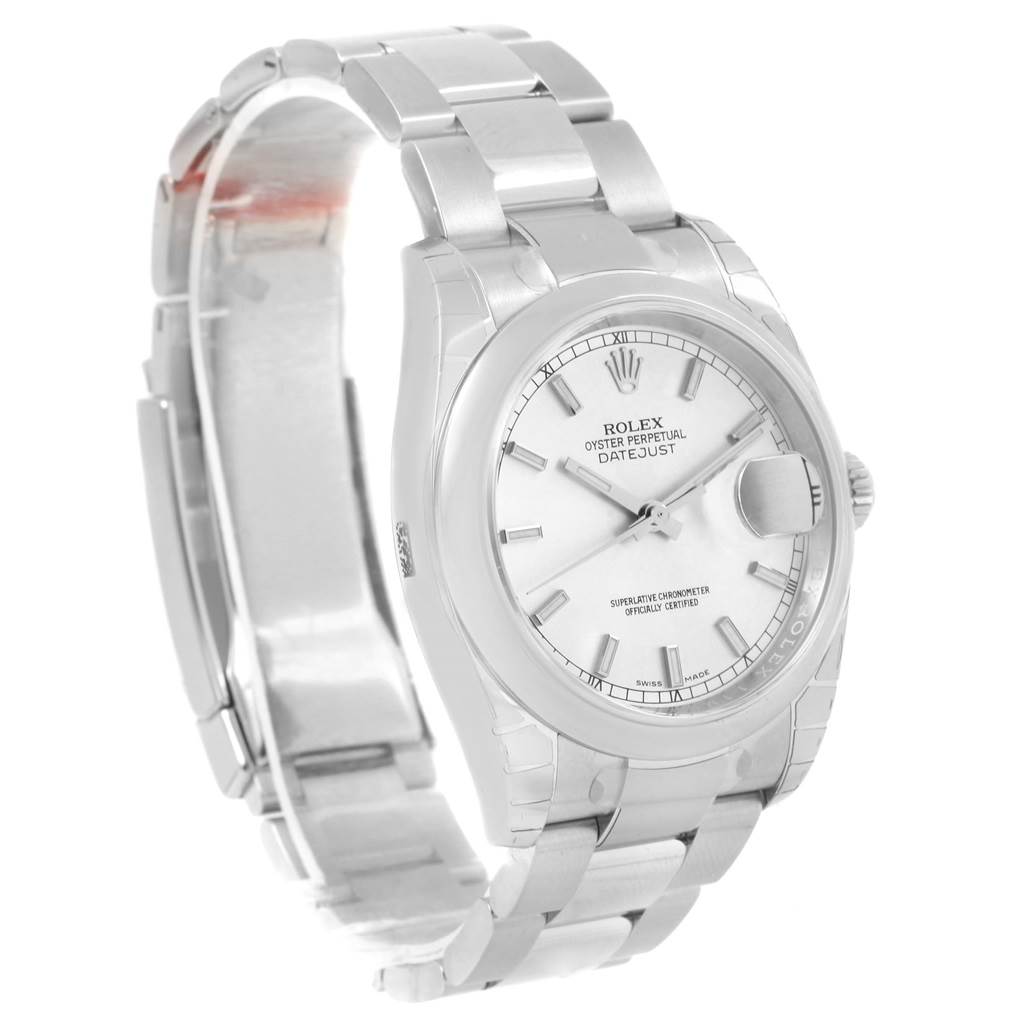 This image shows a Rolex Datejust 116200 Men's Stainless Steel Silver Dial 116200 Men's Stainless Steel Silver Dial watch from a slightly angled, side-front view, displaying its face and bracelet.