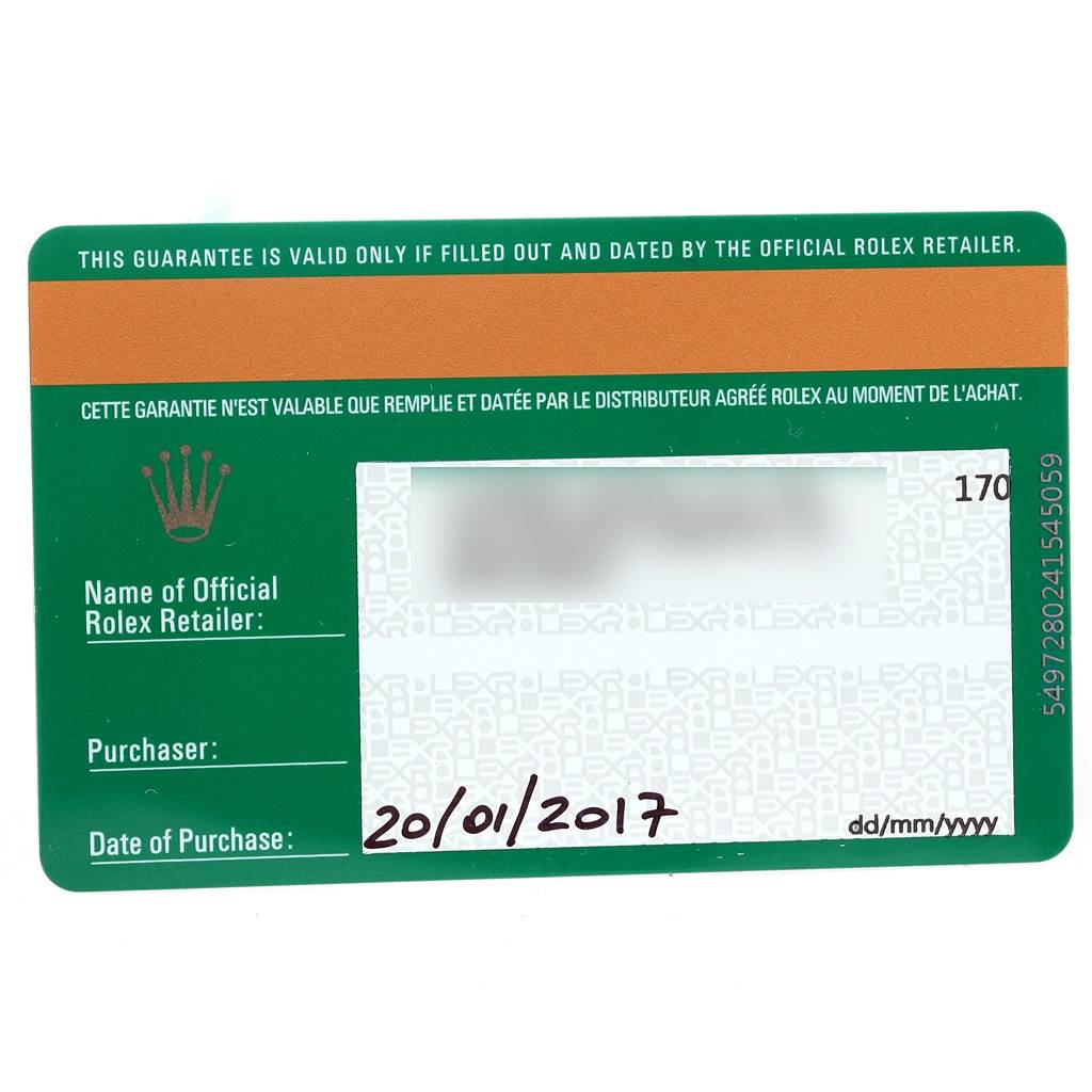 This image shows the front side of a green and orange warranty card for a Rolex Datejust 116200 Men's Stainless Steel Silver Dial 116200 Men's Stainless Steel Silver Dial watch.