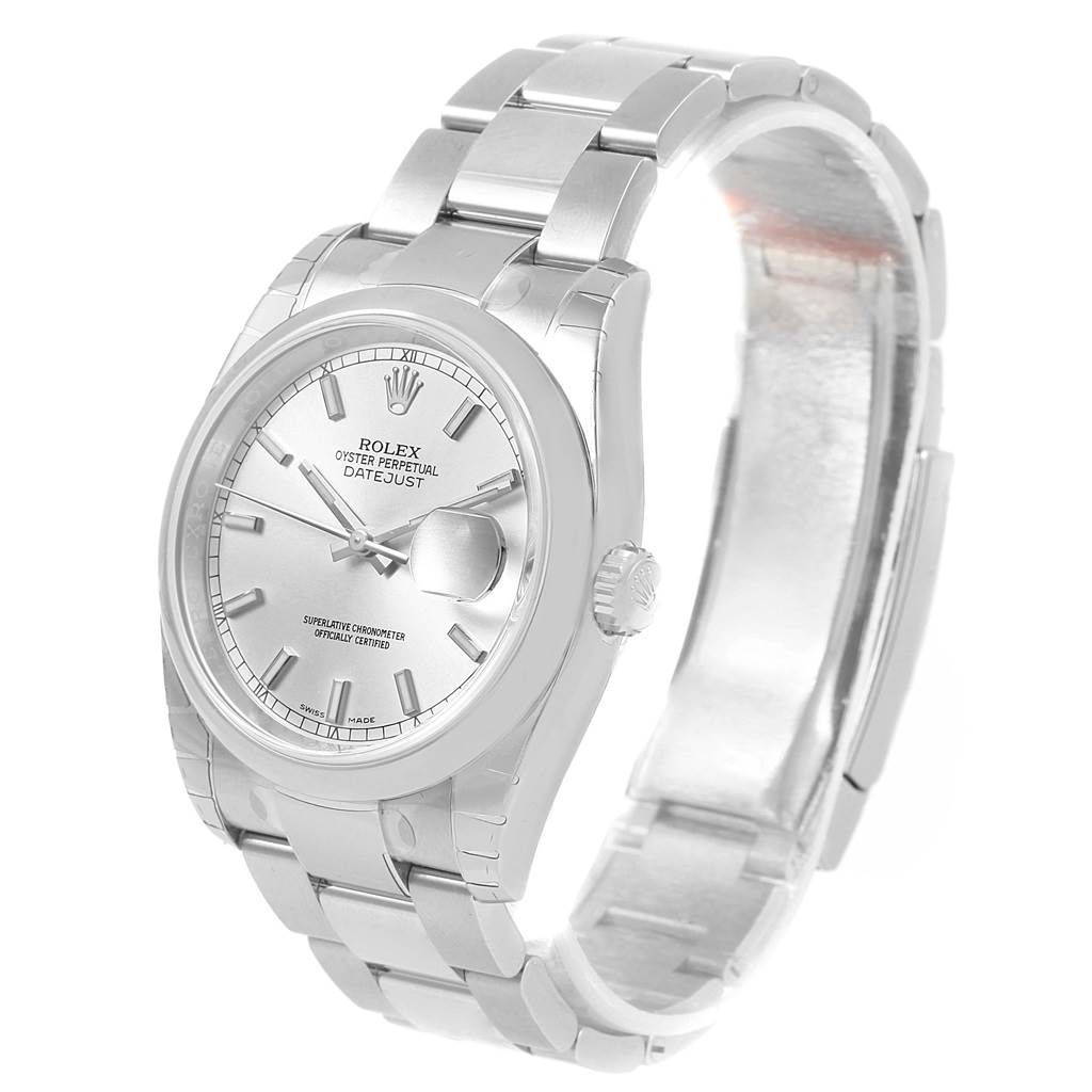 The stainless steel Rolex Datejust 116200 Men's Stainless Steel Silver Dial 116200 Men's Stainless Steel Silver Dial watch is shown at a slight angle, showcasing its dial, bracelet, and crown.