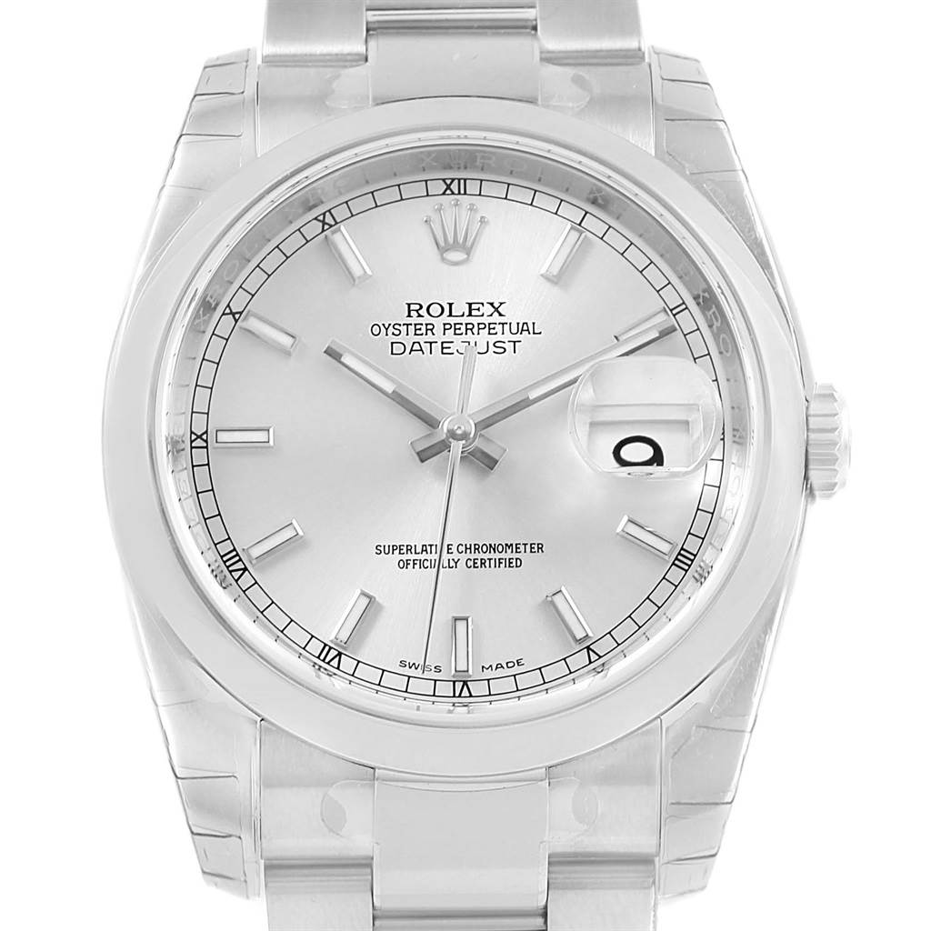 The image shows a Rolex Datejust 116200 Men's Stainless Steel Silver Dial 116200 Men's Stainless Steel Silver Dial watch from a frontal angle, highlighting the dial, hour markers, and date window with a Cyclops lens.