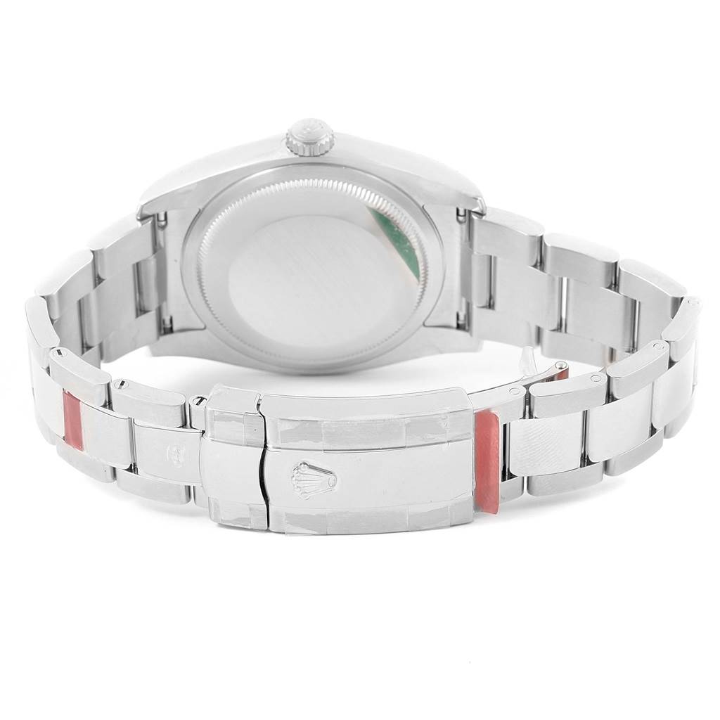 This image shows the back of a Rolex Datejust 116200 Men's Stainless Steel Silver Dial 116200 Men's Stainless Steel Silver Dial watch, highlighting the closed clasp and bracelet.