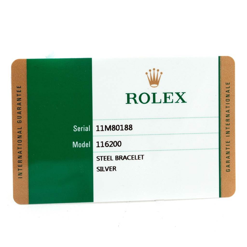 The image shows a Rolex Datejust 116200 Men's Stainless Steel Silver Dial 116200 Men's Stainless Steel Silver Dial international guarantee card with model number 116200 and a steel bracelet specification.