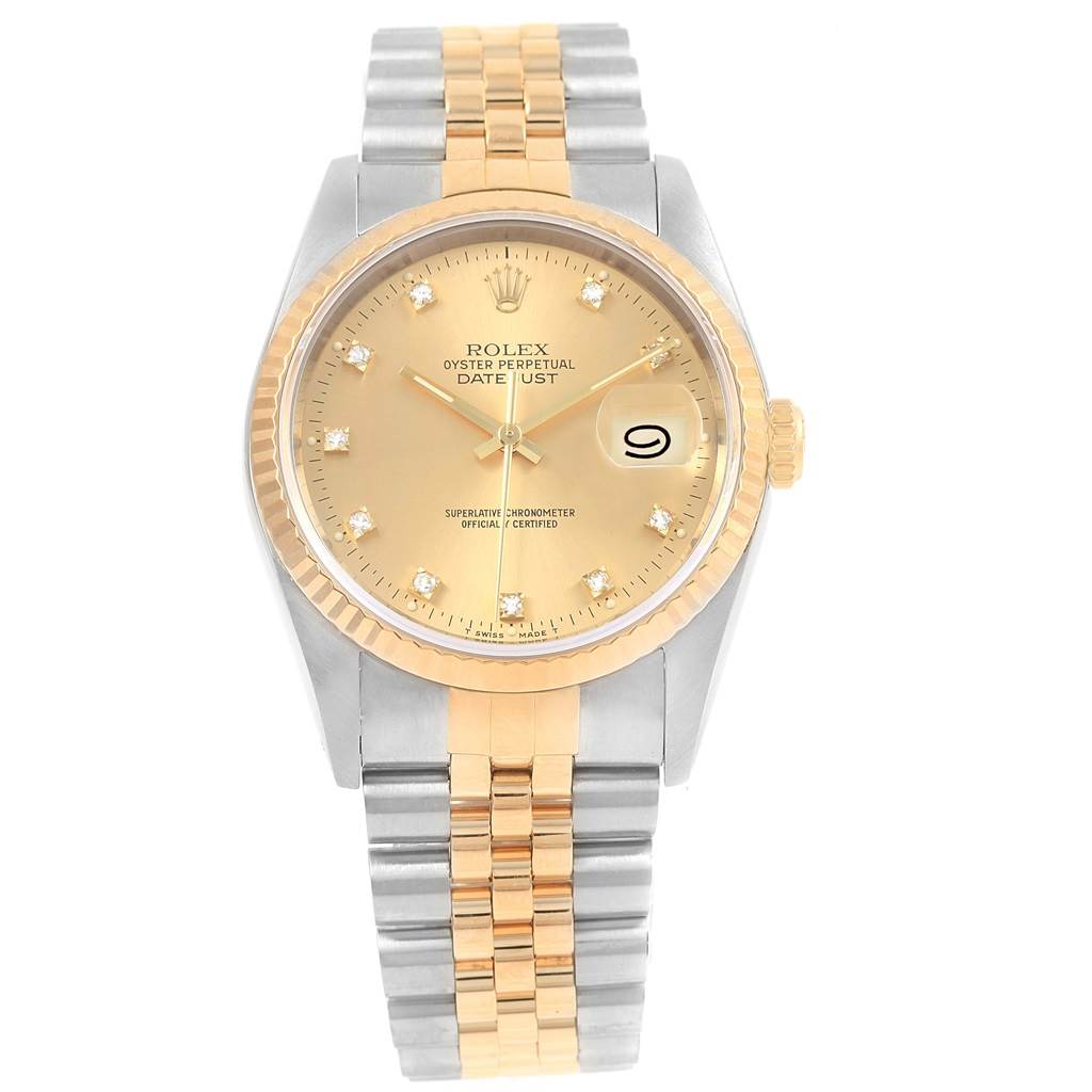 The Rolex Datejust 16233 Steel and Gold (two tone) Champagne Dial 16233 Steel and Gold (two tone) Champagne Dial watch is shown from a top-down view, displaying the face, bezel, crown, and two-tone metal bracelet.