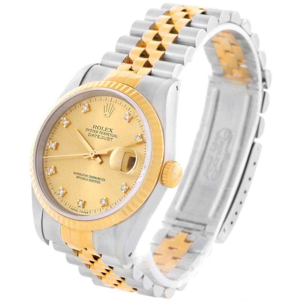 The Rolex Datejust 16233 Steel and Gold (two tone) Champagne Dial 16233 Steel and Gold (two tone) Champagne Dial watch is shown at a slight angle, highlighting its face, bezel, crown, and two-tone bracelet.