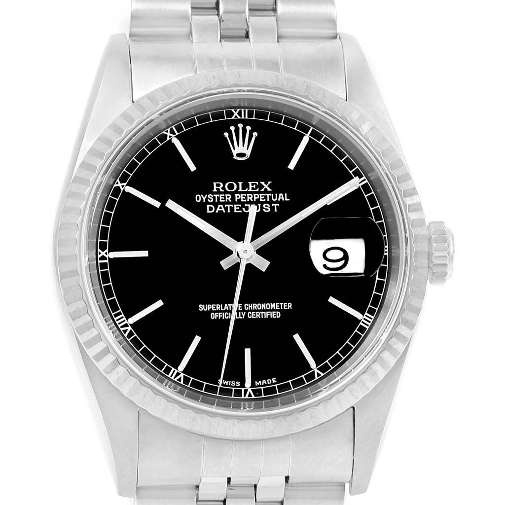 This image shows a full frontal view of the Rolex Datejust 16234 Men's Stainless Steel Black Dial 16234 Men's Stainless Steel Black Dial watch, including its dial, hands, date window, and bracelet.