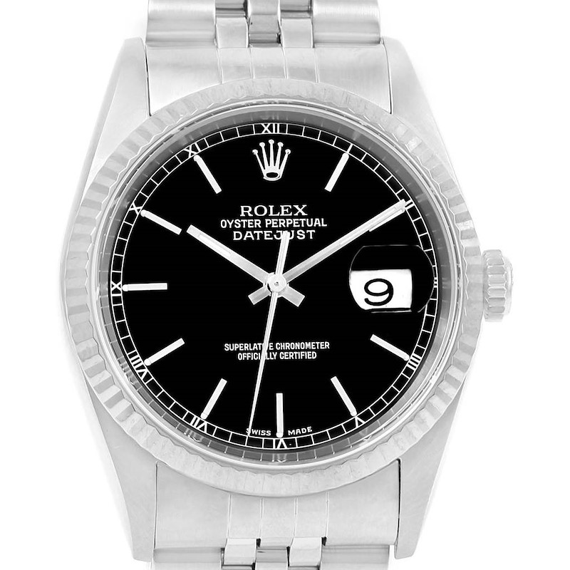 Rolex Datejust Steel White Gold Black Dial Mens Watch 16234 SwissWatchExpo