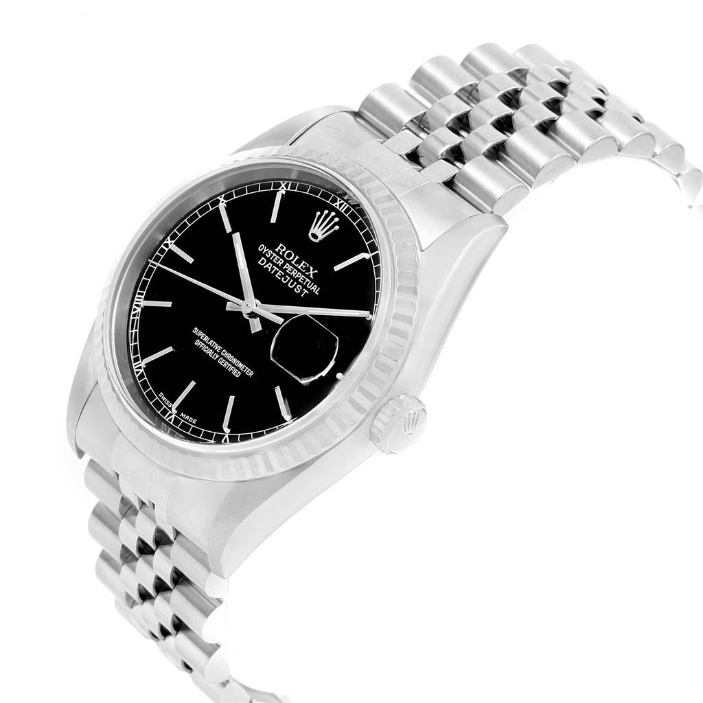 This image shows a side view of the Rolex Datejust 16234 Men's Stainless Steel Black Dial 16234 Men's Stainless Steel Black Dial watch, highlighting its dial, bezel, crown, and bracelet.