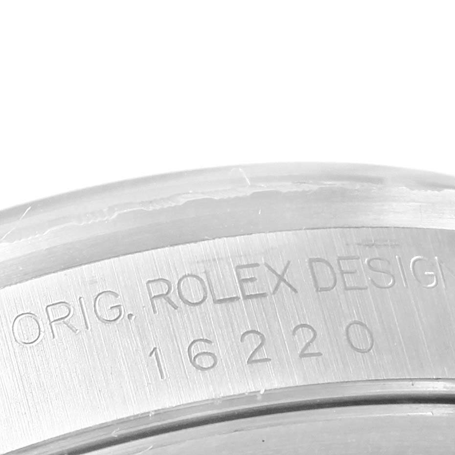 This image shows a close-up of the casing side with engraved model number "16220” of a Rolex Datejust 16220 Men's Stainless Steel Silver Dial 16220 Men's Stainless Steel Silver Dial watch.
