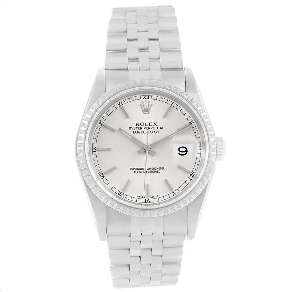 The image shows a front view of a Rolex Datejust 16220 Men's Stainless Steel Silver Dial 16220 Men's Stainless Steel Silver Dial watch, displaying the dial, bezel, bracelet, and crown.