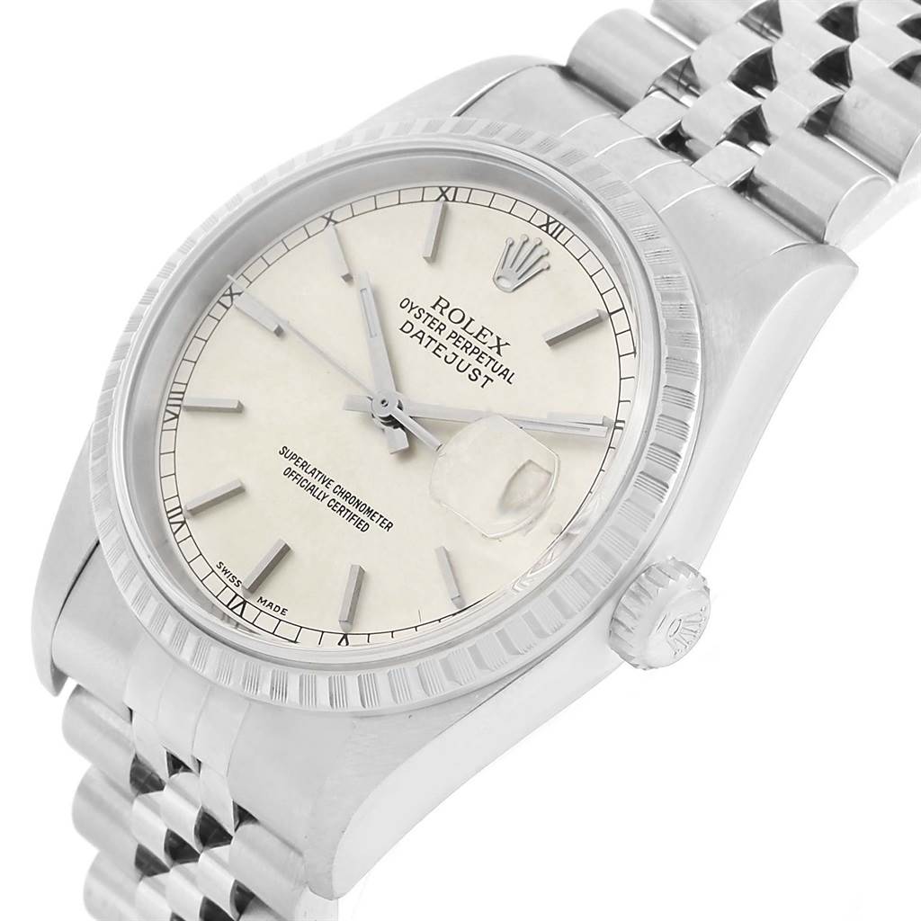 The Rolex Datejust 16220 Men's Stainless Steel Silver Dial 16220 Men's Stainless Steel Silver Dial watch is shown at a slight angle, highlighting the face, bezel, crown, and Jubilee bracelet.