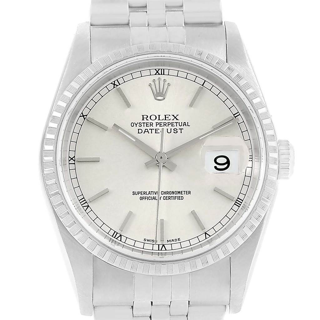 The image shows a Rolex Datejust 16220 Men's Stainless Steel Silver Dial 16220 Men's Stainless Steel Silver Dial watch face, displaying the dial, bezel, hands, and date window at 3 o'clock, viewed from the front.