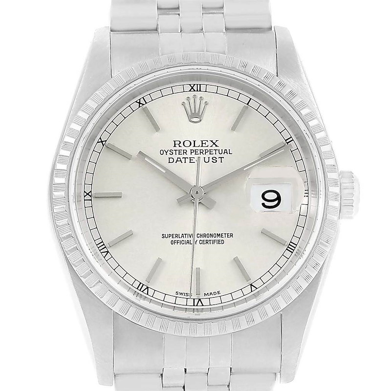 Rolex Datejust Silver Baton Dial Steel Mens Watch 16220 Unworn SwissWatchExpo