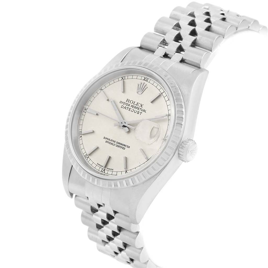 The Rolex Datejust 16220 Men's Stainless Steel Silver Dial 16220 Men's Stainless Steel Silver Dial watch is shown at an angle highlighting the dial, bezel, crown, and a portion of the bracelet.
