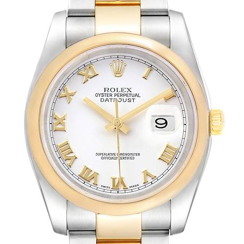Photo of Rolex Datejust 36 Steel Yellow Gold White Roman Dial Mens Watch 116203