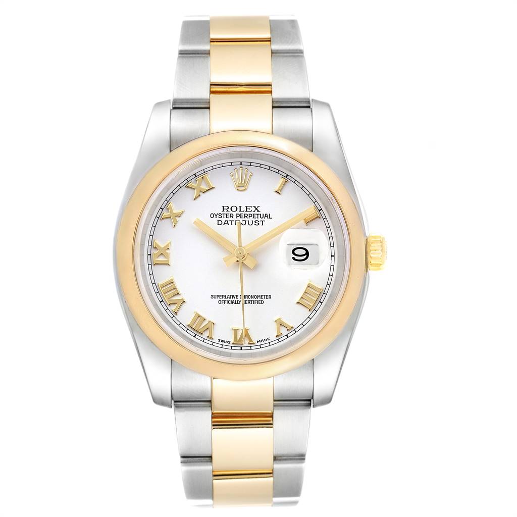 This image shows a Rolex Datejust 116203 Men's Stainless Steel White Dial 116203 Men's Stainless Steel White Dial watch from a front angle, highlighting its face, bezel, and two-tone metal bracelet.