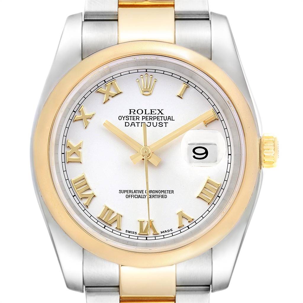The image shows a frontal view of a Rolex Datejust 116203 Men's Stainless Steel White Dial 116203 Men's Stainless Steel White Dial watch featuring a white dial, gold hands, Roman numerals, and a date window.