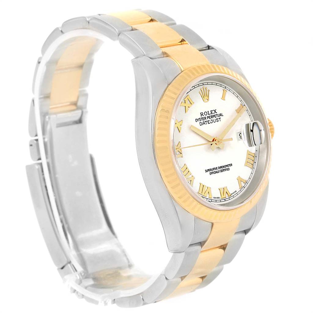 The image shows a side-angle view of a Rolex Datejust 116203 Men's Stainless Steel White Dial 116203 Men's Stainless Steel White Dial watch, highlighting the bezel, dial, and two-tone bracelet.