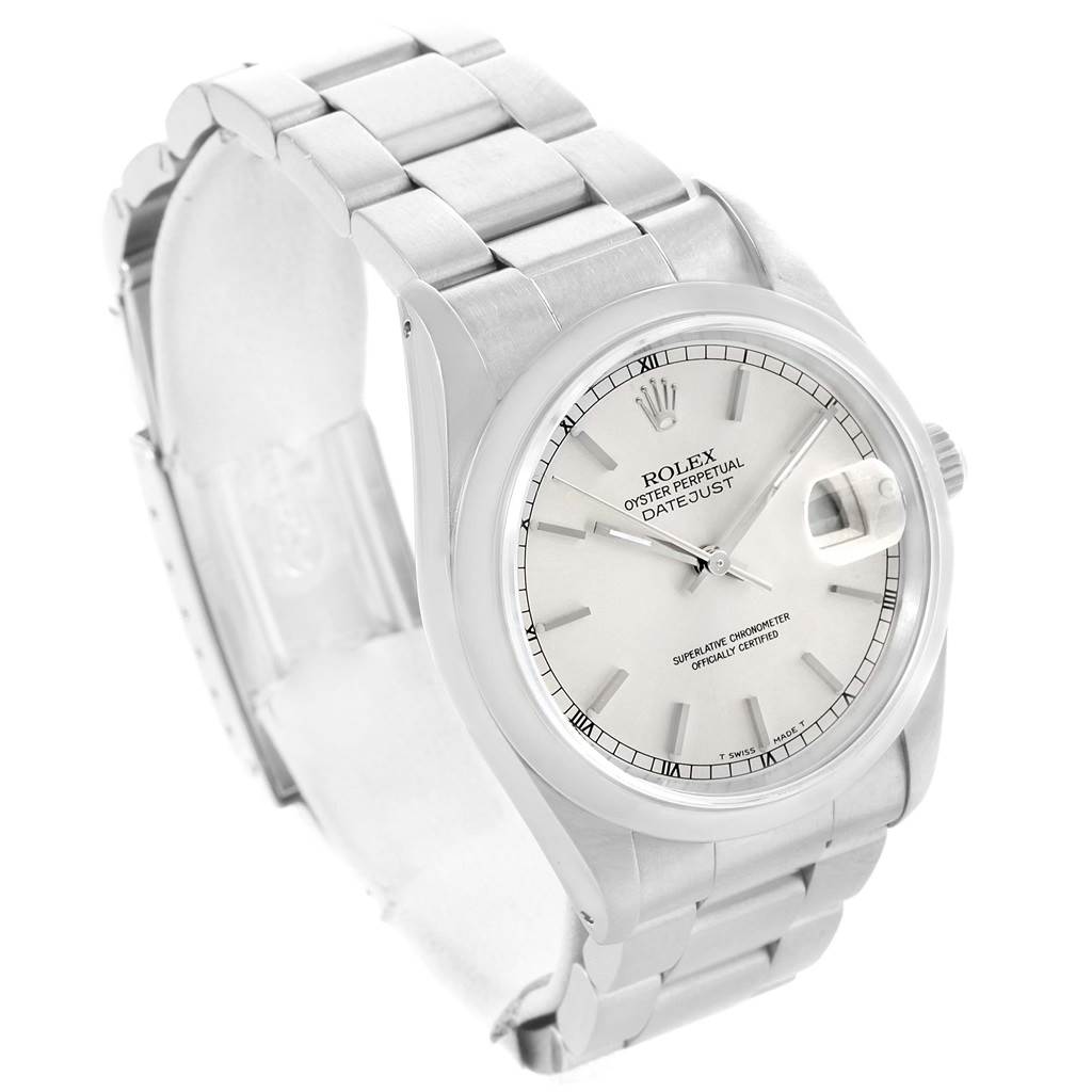 The image shows a Rolex Datejust 16220 Men's Stainless Steel Silver Dial 16220 Men's Stainless Steel Silver Dial watch at a three-quarter angle displaying the dial, bracelet, and crown.