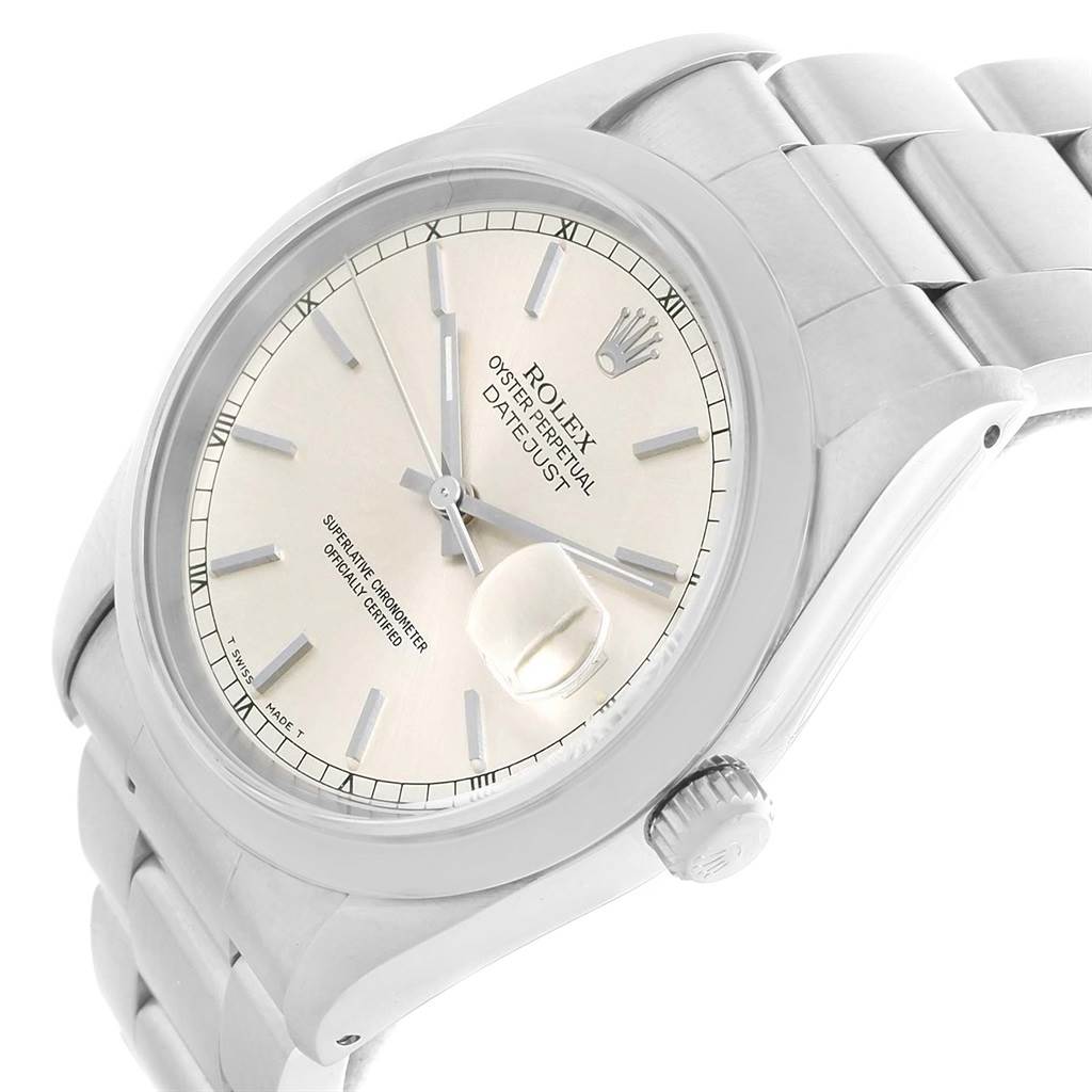 The image shows a Rolex Datejust 16220 Men's Stainless Steel Silver Dial 16220 Men's Stainless Steel Silver Dial watch from an angled top-down perspective focusing on the dial, case, and part of the bracelet.