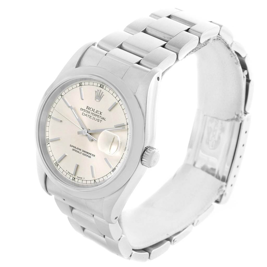 The Rolex Datejust 16220 Men's Stainless Steel Silver Dial 16220 Men's Stainless Steel Silver Dial watch is shown at a slight angle, highlighting the dial, bracelet, and crown.