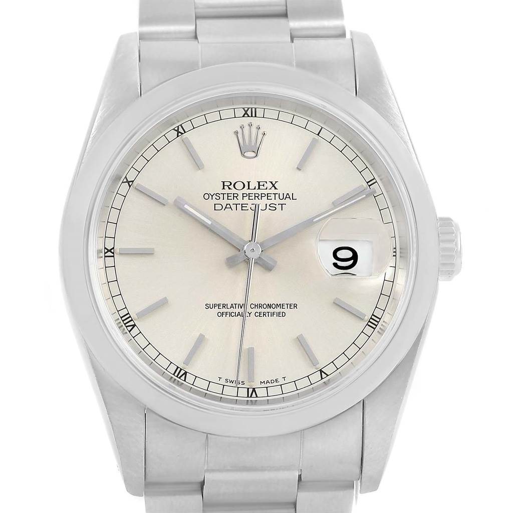 The image shows a Rolex Datejust 16220 Men's Stainless Steel Silver Dial 16220 Men's Stainless Steel Silver Dial watch from a front angle, highlighting the dial, bezel, crown, and bracelet.