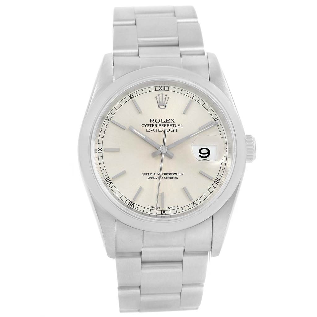 This image shows a Rolex Datejust 16220 Men's Stainless Steel Silver Dial 16220 Men's Stainless Steel Silver Dial watch from a frontal angle, displaying the dial, bracelet, and date magnifier.