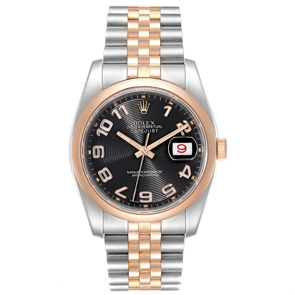 The image shows a front view of a Rolex Datejust 116201 Men
s Steel and Gold (two tone) Black Dial 116201 Men
s Steel and Gold (two tone) Black Dial watch, showcasing its two-tone bracelet, black dial, and magnified date display.