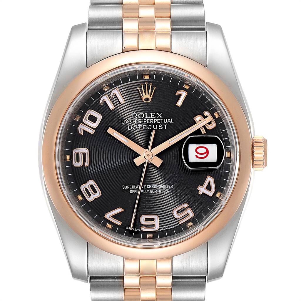 This image shows the face, bezel, and part of the bracelet of a Rolex Datejust 116201 Men
s Steel and Gold (two tone) Black Dial 116201 Men
s Steel and Gold (two tone) Black Dial watch, viewed from the front.