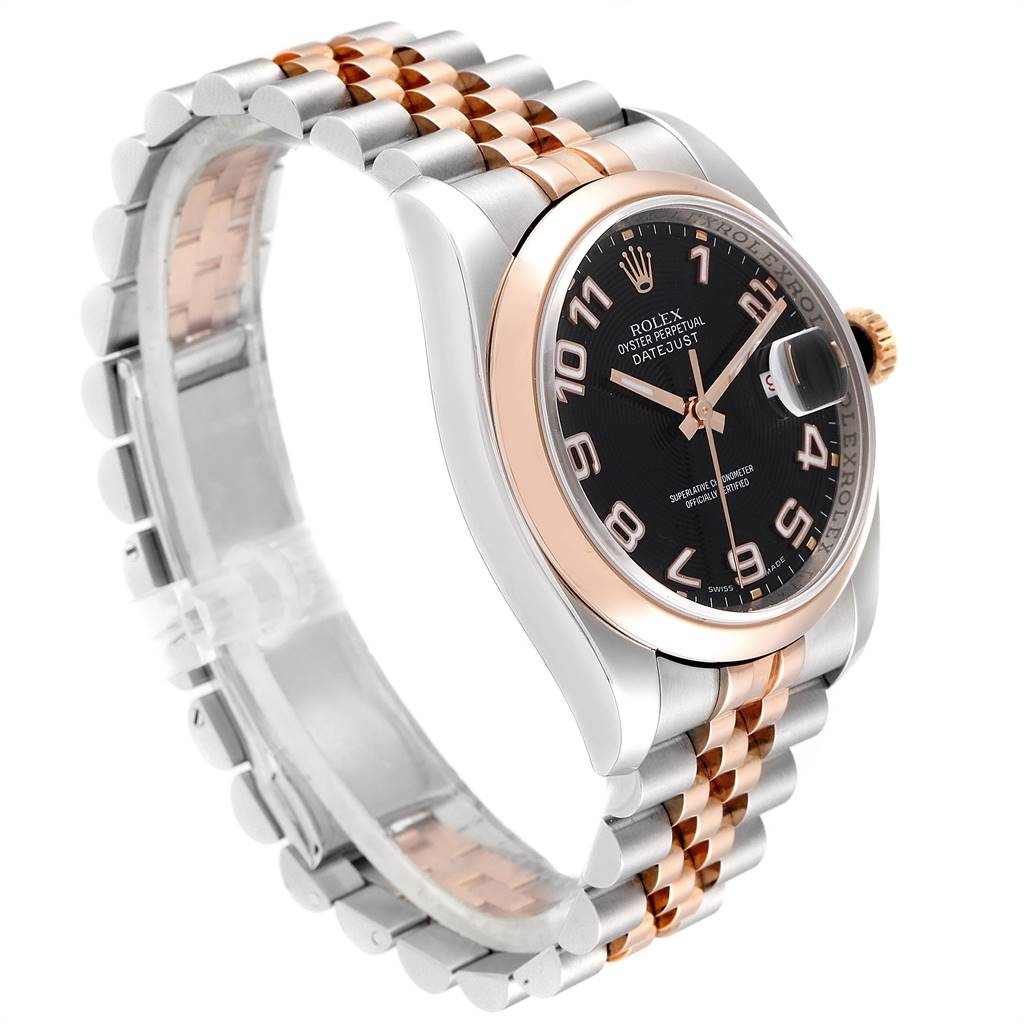This Rolex Datejust 116201 Men
s Steel and Gold (two tone) Black Dial 116201 Men
s Steel and Gold (two tone) Black Dial watch is shown at an angle displaying the face, bezel, crown, and two-tone bracelet.