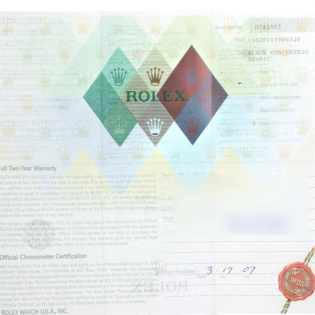 The image shows a warranty certificate and chronometer certification for a Rolex Datejust 116201 Men
s Steel and Gold (two tone) Black Dial 116201 Men
s Steel and Gold (two tone) Black Dial model watch.