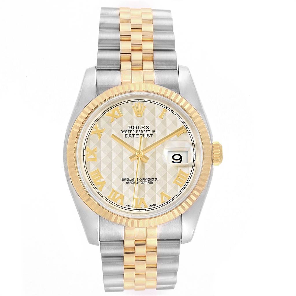 The image shows a Rolex Datejust 116233 Stainless Steel Beige Dial 116233 Stainless Steel Beige Dial watch from a front angle, displaying the face, bezel, crown, and two-tone bracelet.