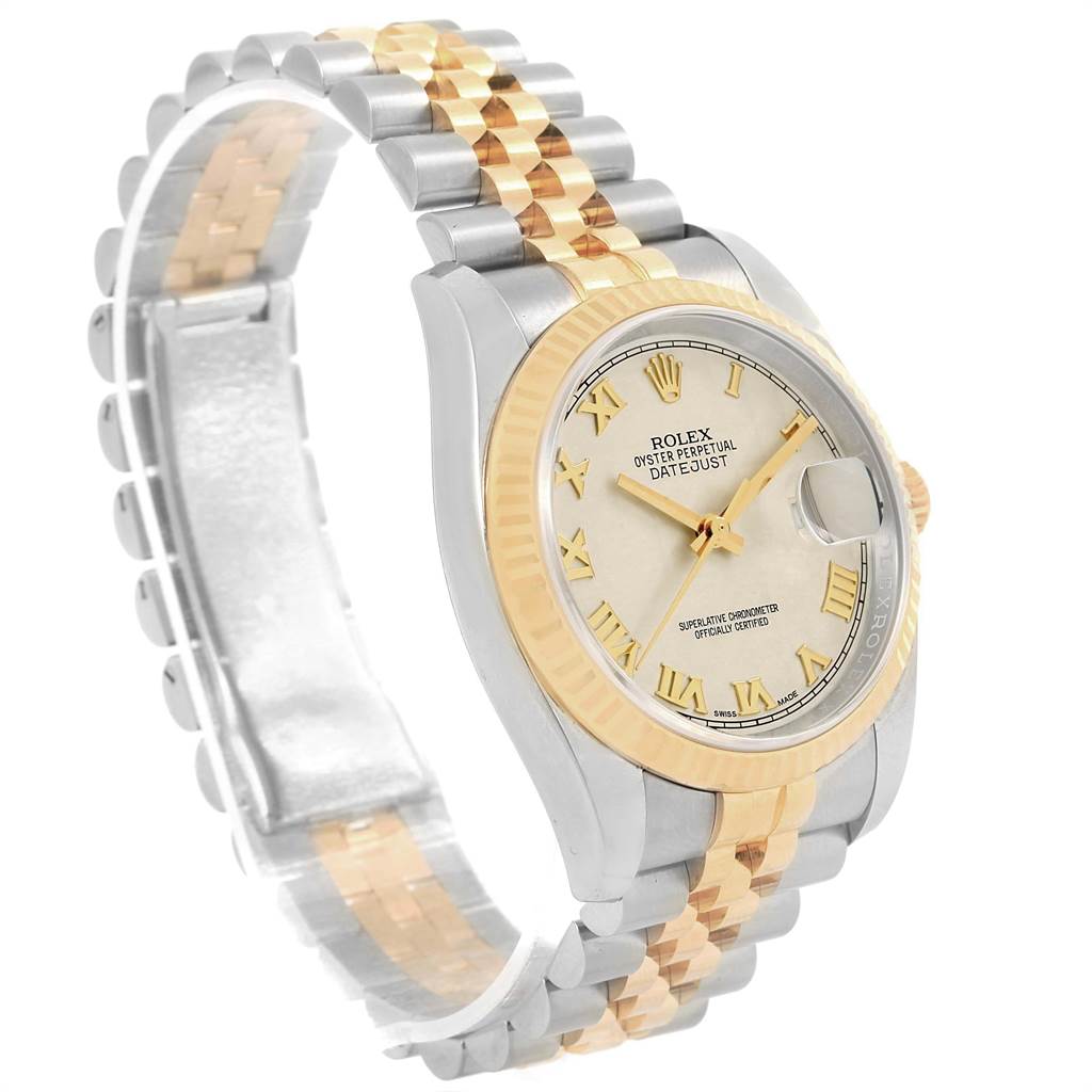 This image of a Rolex Datejust 116233 Stainless Steel Beige Dial 116233 Stainless Steel Beige Dial watch shows a two-tone metal bracelet, fluted bezel, and a silver dial with Roman numerals.