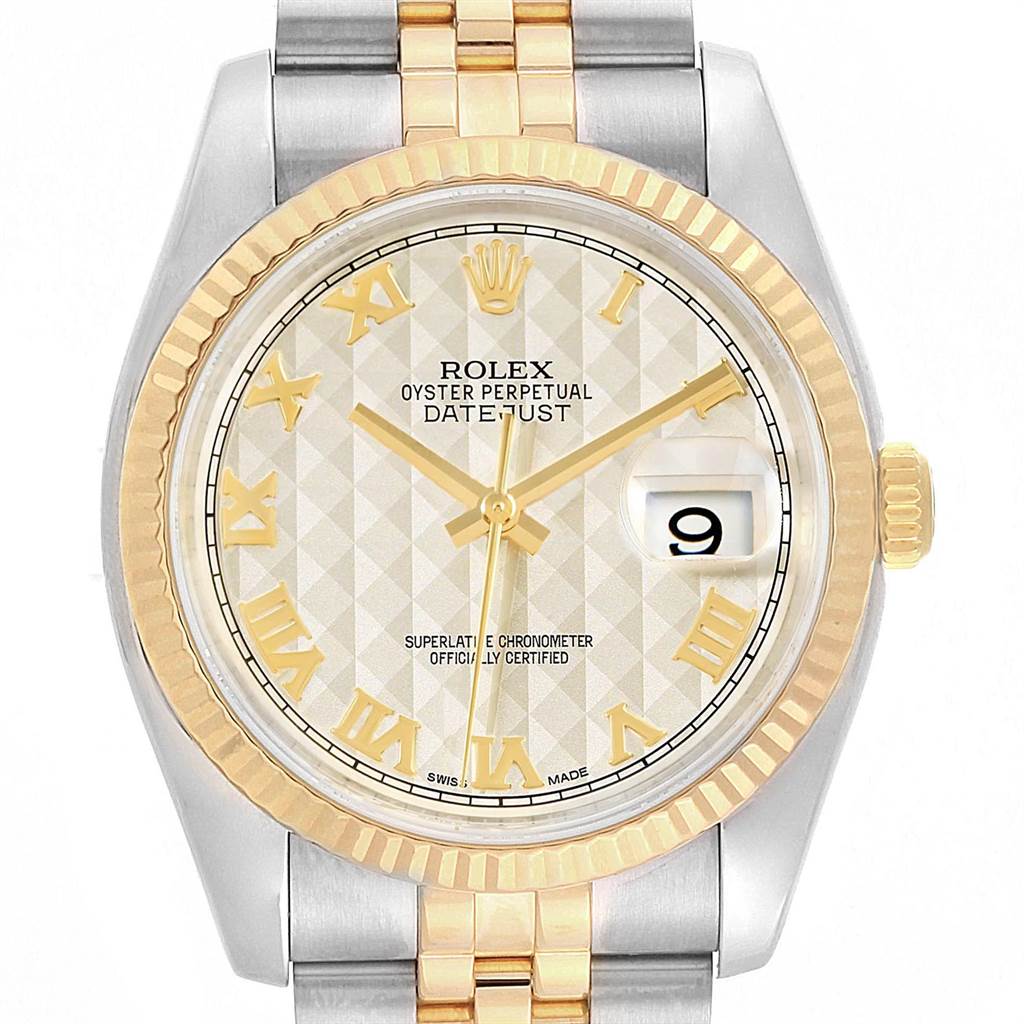 The image shows a Rolex Datejust 116233 Stainless Steel Beige Dial 116233 Stainless Steel Beige Dial watch face from a front angle, highlighting the gold and silver bezel, dial, and bracelet.