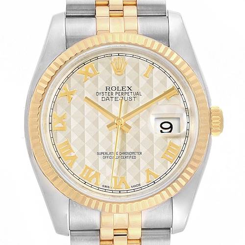 Photo of Rolex Datejust Steel Yellow Gold Ivory Pyramid Dial Mens Watch 116233