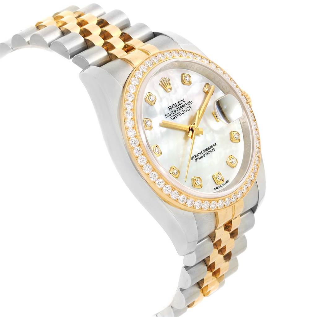 This is a side angle showing the face and bracelet of a Rolex Datejust 116243 Men's Stainless Steel Mother of Pearl Dial 116243 Men's Stainless Steel Mother of Pearl Dial watch.