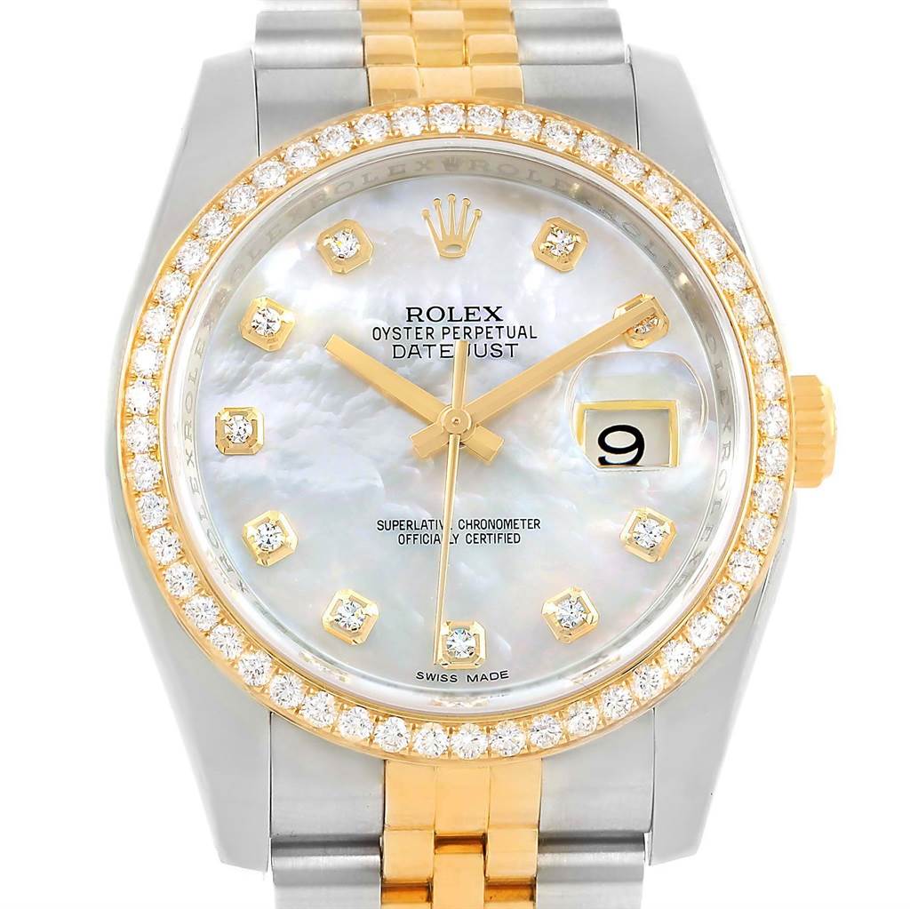 This image shows a front view of a Rolex Datejust 116243 Men's Stainless Steel Mother of Pearl Dial 116243 Men's Stainless Steel Mother of Pearl Dial watch, displaying its mother-of-pearl dial, diamond bezel, and two-tone bracelet.