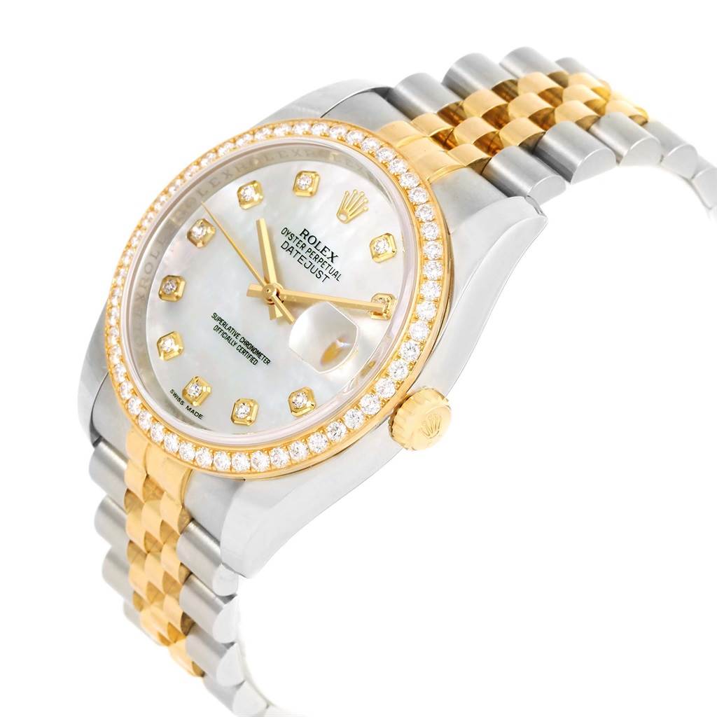 The image shows a Rolex Datejust 116243 Men's Stainless Steel Mother of Pearl Dial 116243 Men's Stainless Steel Mother of Pearl Dial watch at an angle highlighting the dial, bezel, crown, and two-tone bracelet.