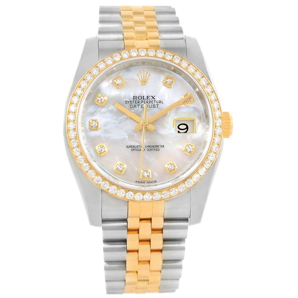 The image shows a frontal view of a Rolex Datejust 116243 Men's Stainless Steel Mother of Pearl Dial 116243 Men's Stainless Steel Mother of Pearl Dial watch, highlighting its face, bezel, and bracelet.
