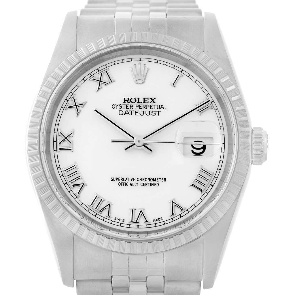 The Rolex Datejust 16220 Men's Stainless Steel White Dial 16220 Men's Stainless Steel White Dial watch is shown from a front angle, highlighting the face, bezel, crown, and part of the bracelet.
