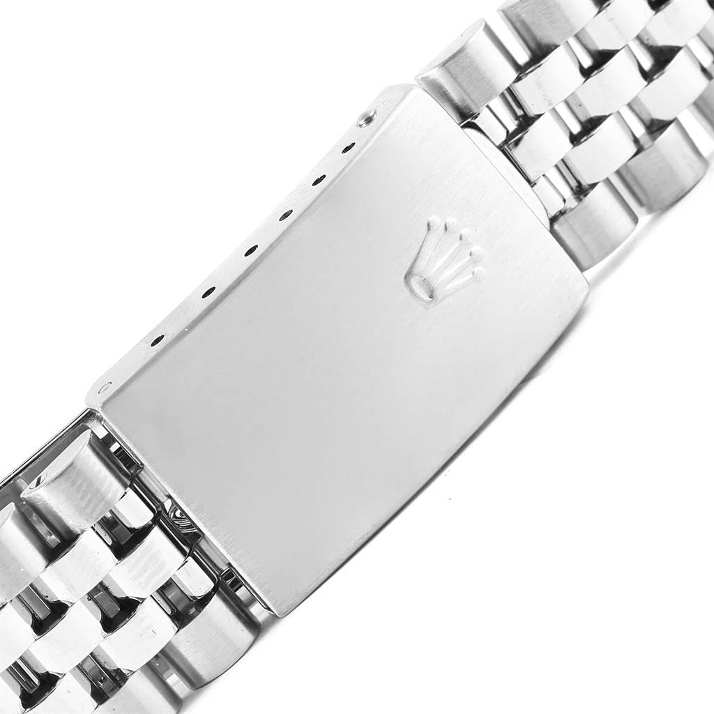 The image shows a close-up of the clasp on the stainless steel bracelet of a Rolex Datejust 16220 Men's Stainless Steel White Dial 16220 Men's Stainless Steel White Dial watch.