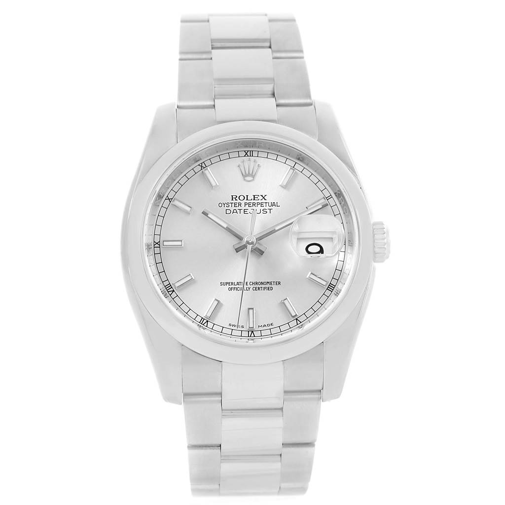 This image shows a front view of a Rolex Datejust 116200 Men's Stainless Steel Silver Dial 116200 Men's Stainless Steel Silver Dial watch featuring the dial, bracelet, and date magnifier.