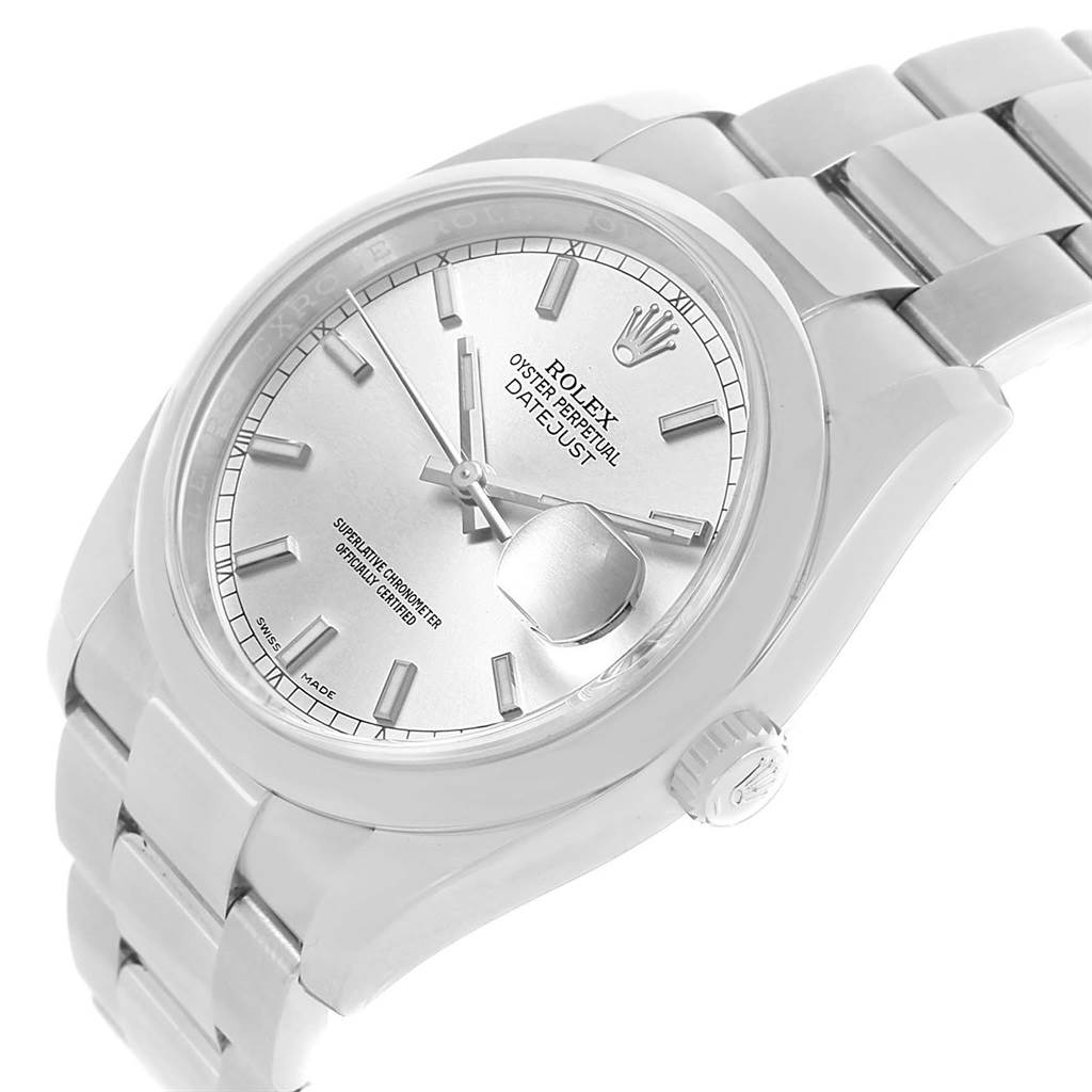 This image shows a Rolex Datejust 116200 Men's Stainless Steel Silver Dial 116200 Men's Stainless Steel Silver Dial watch at a slight side angle, displaying the dial, bezel, bracelet, and crown.
