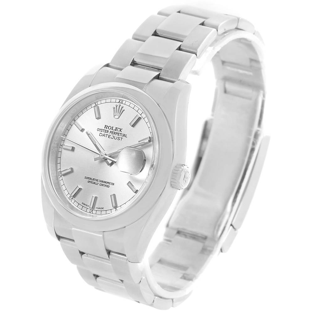 The image shows a close-up, angled view of a Rolex Datejust 116200 Men's Stainless Steel Silver Dial 116200 Men's Stainless Steel Silver Dial watch, highlighting the face, bracelet, and crown.